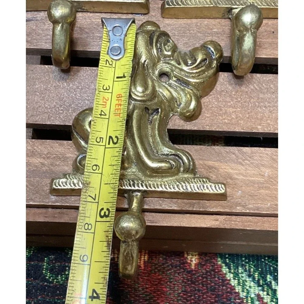 Vintage Brass Metal Pluto Wall Door Coat Hooks Dog Hound Shape Hangers Set of 6